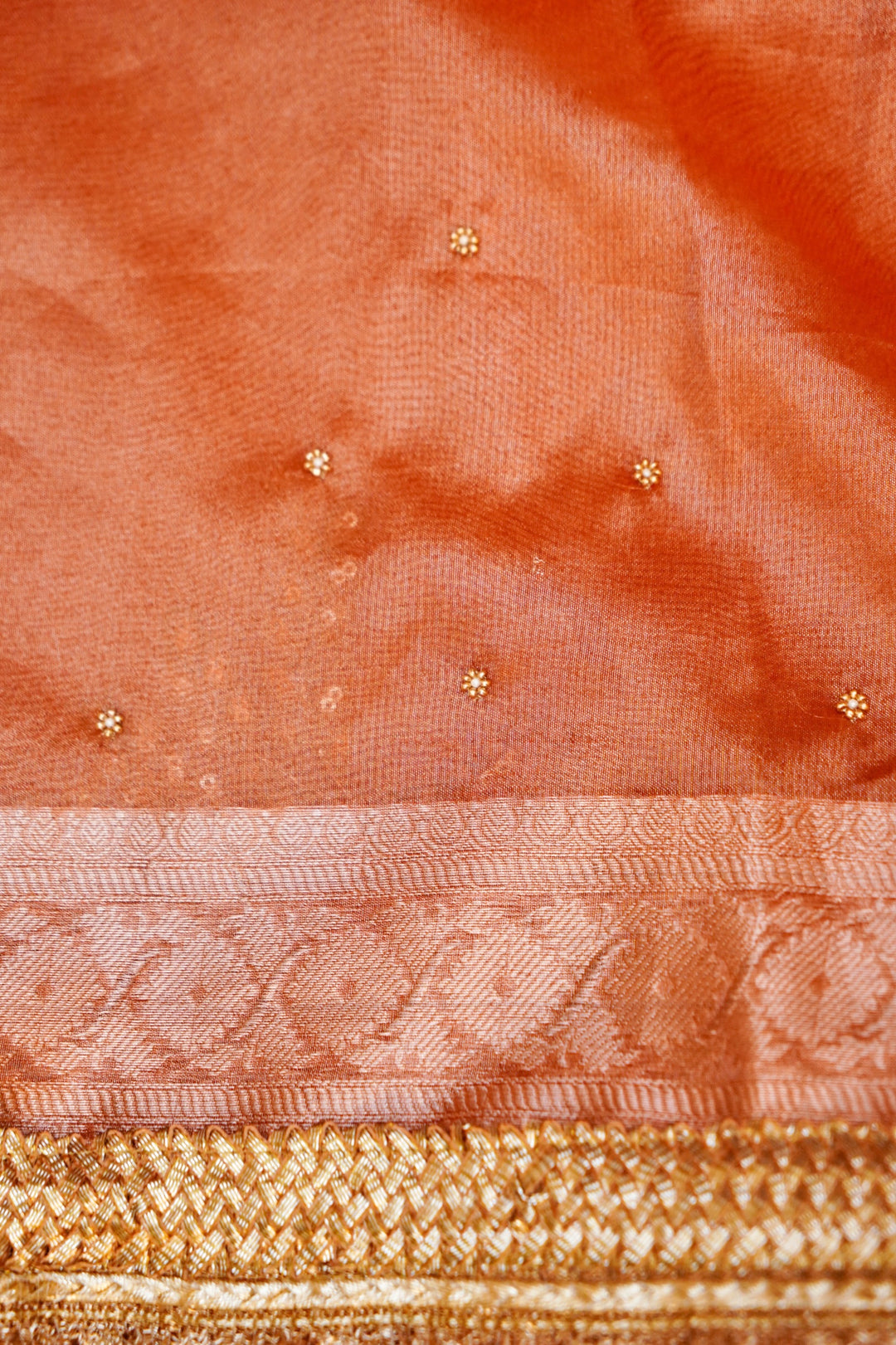 Copper Gold Tissue Silk Saree with Exquisite Peacock Motif Embroidery