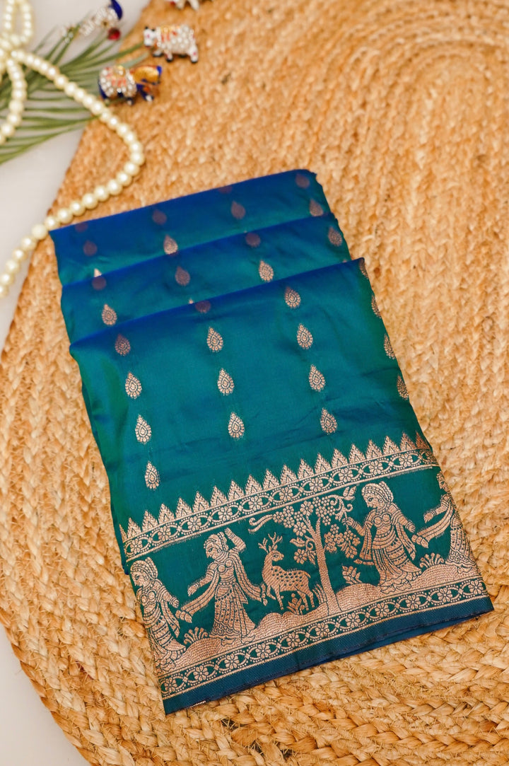 Peacock Green Soft Silk Baluchari Inspired Figure Motif Saree