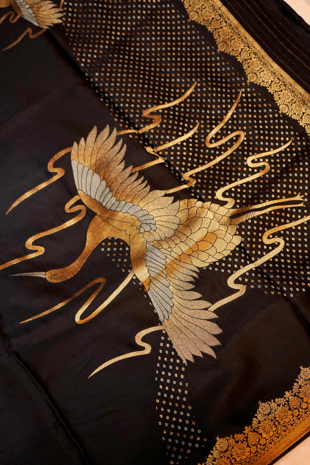 Black Banarasi Satin Crepe Bandhej Weaving Saree with Birds Motif