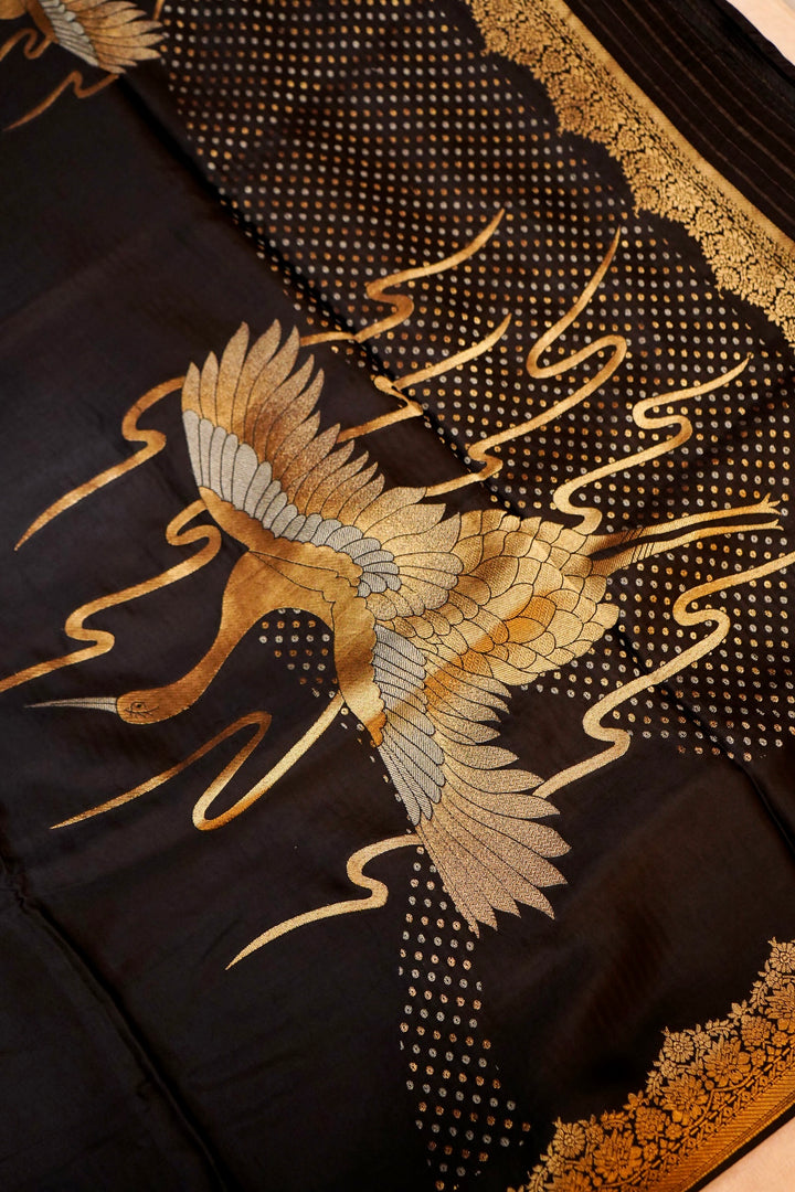 Black Banarasi Satin Crepe Bandhej Weaving Saree with Birds Motif