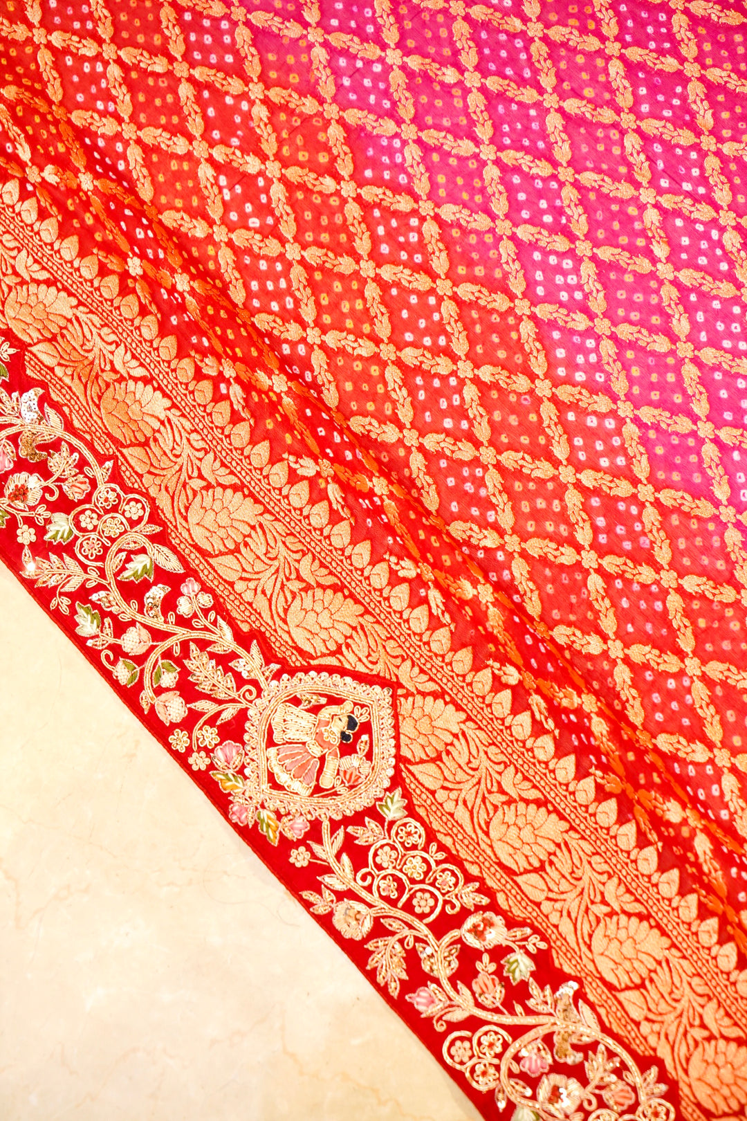 Designer Pure Banarasi Khaddi Bandhej Saree with Hand Zardozi Work