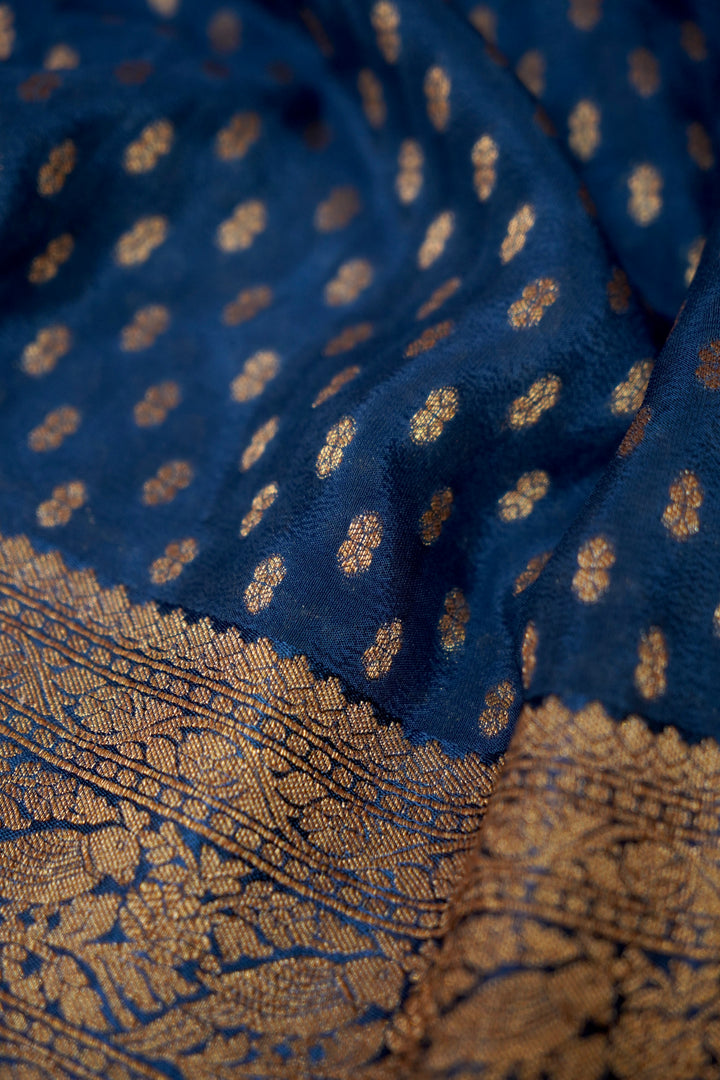 Elegant Teal Blue Banarasi Chinon Georgette Saree with Antique Zari Figure Motifs