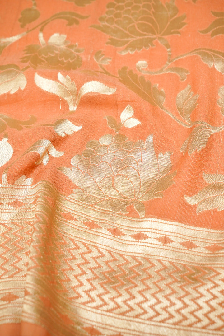 Elegant Peach Handloom Pure Banarasi Georgette Tussar Silk Saree