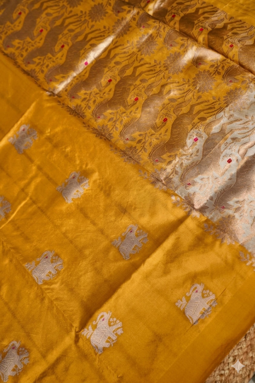 Auspicious Mustard Handwoven Banarasi Pure Puna Silk Saree for Haldi Ceremony with Zari Elephant Motifs