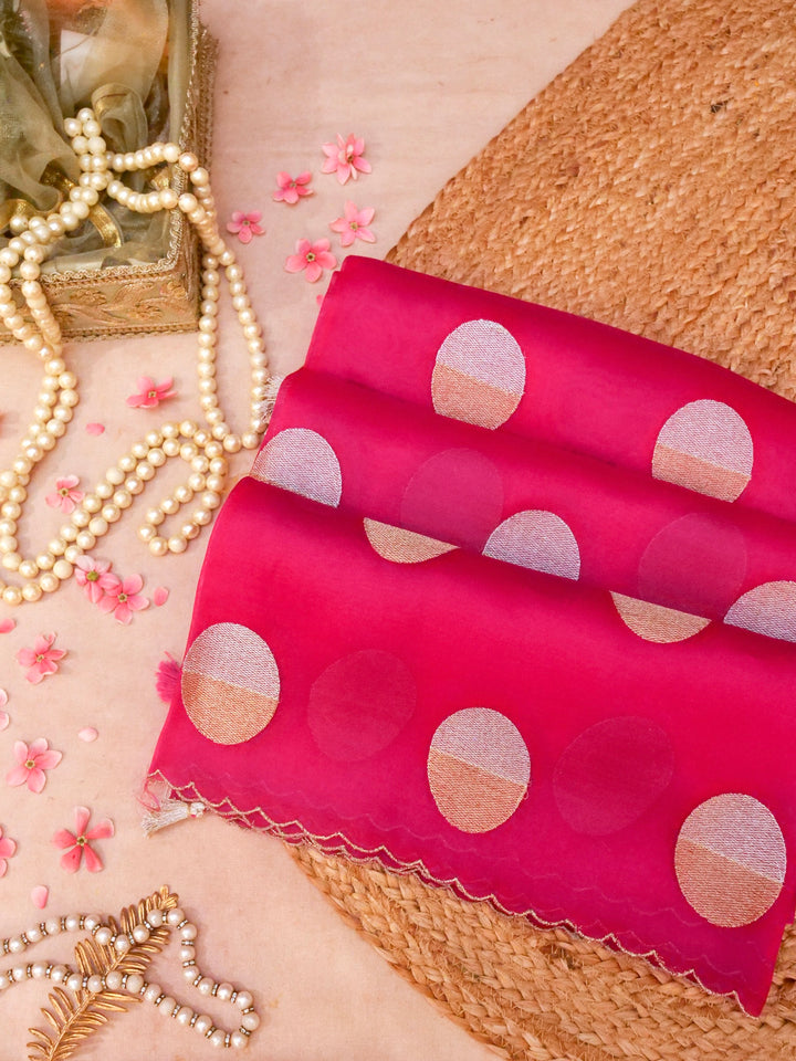 Handwoven Pink Pure Organza Saree with Dull Gold Embroidery Handloom Katan Silk Blouse View 1