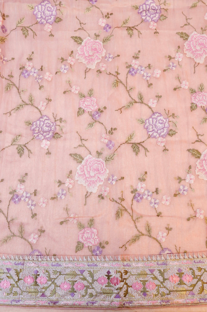 Pastel Pink Banarasi Crush Tissue Silk Suit Set with Embroidery Work