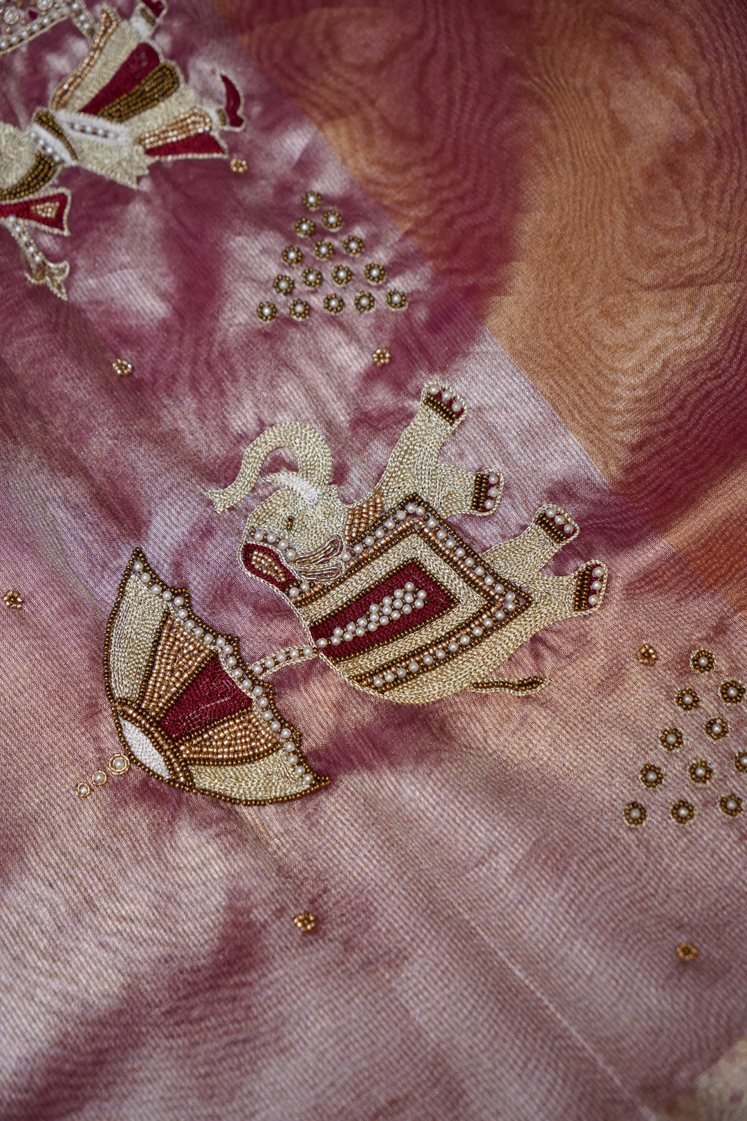 Royal Copper Gold Maharani Tissue Silk Saree with Gayatri Mantra &amp; Baraat Inspired Pallu