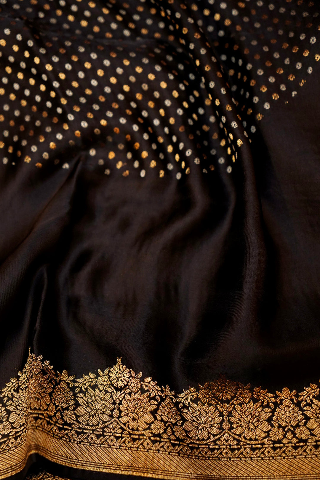 Black Banarasi Satin Crepe Bandhej Weaving Saree with Birds Motif