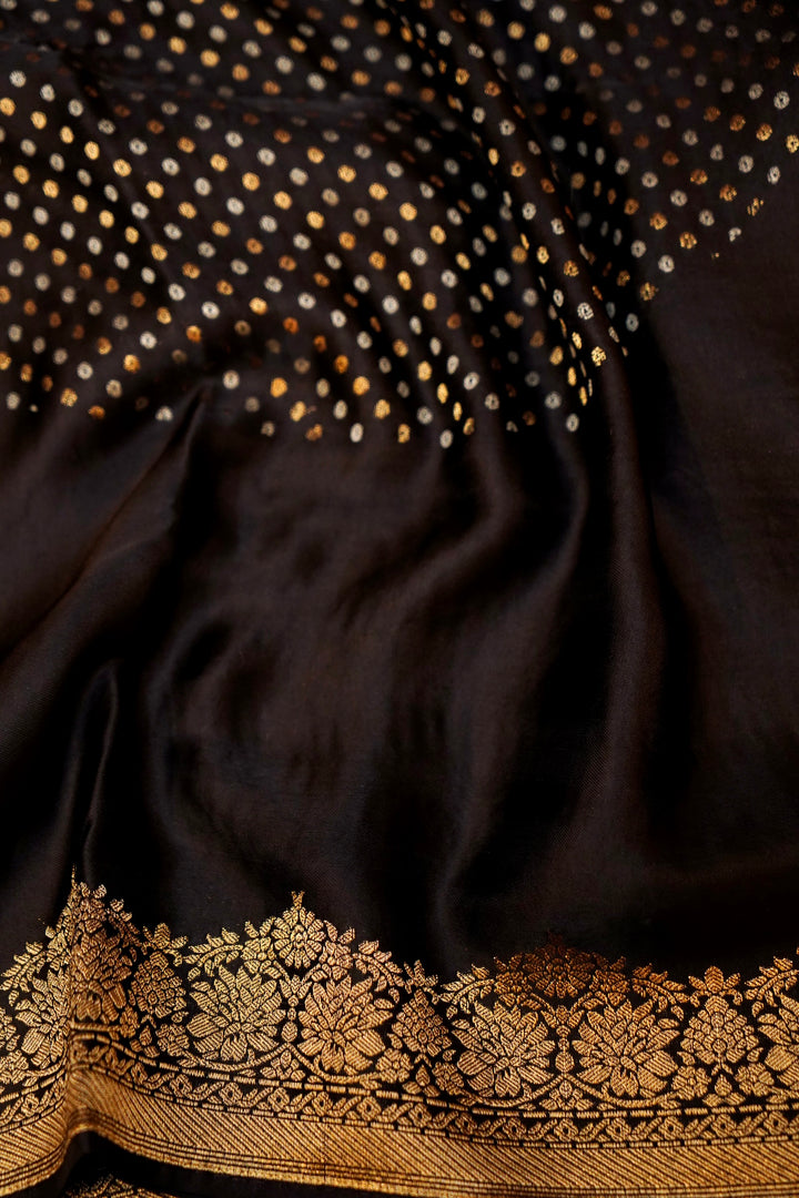 Black Banarasi Satin Crepe Bandhej Weaving Saree with Birds Motif