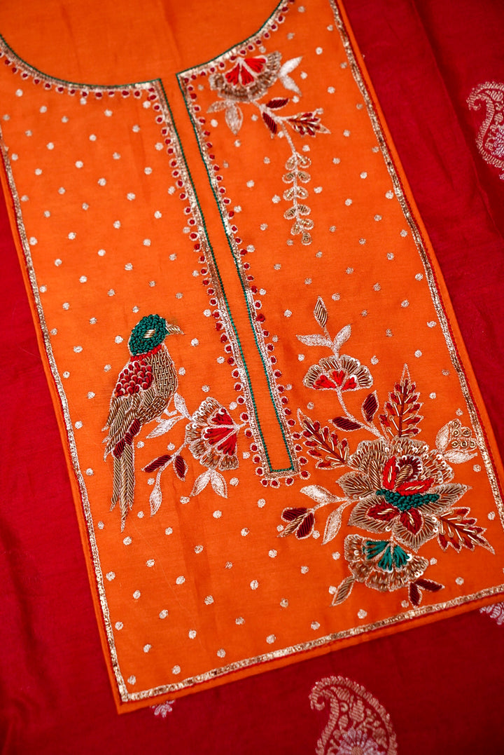 Red Pure Mul Silk Unstitched Suit with Zardozi and Pitta Zari Work