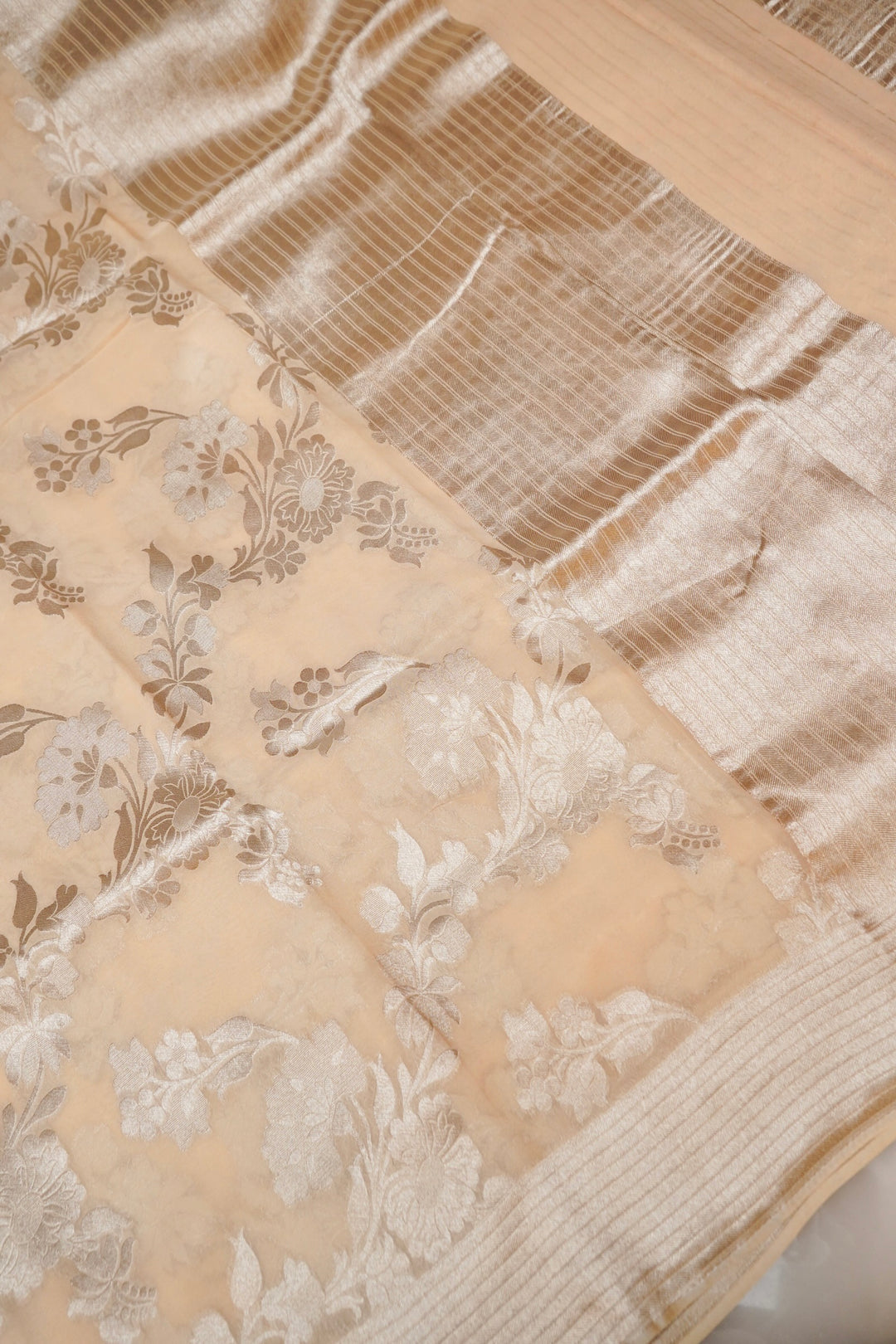 Cream Pure Georgette Saree with Zari Weave Jangla Design