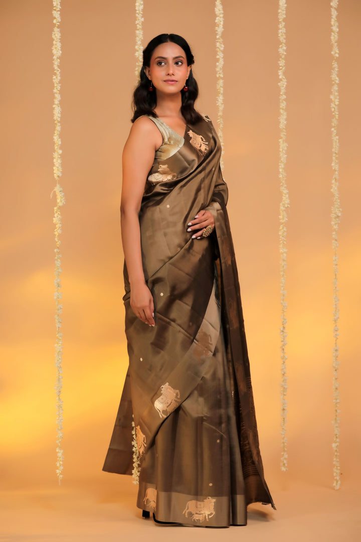 handwoven banarasi pure mashru silk kamdhenu motif satin border saree side view
