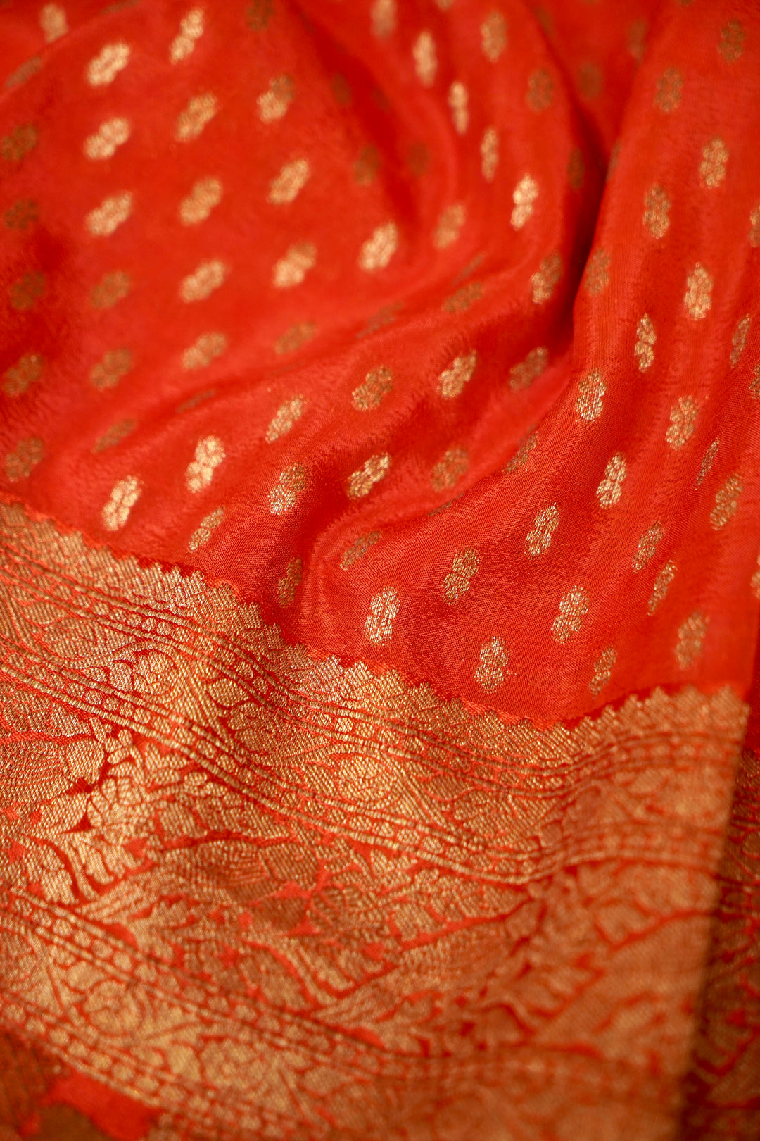 Rich Rust Orange Banarasi Chinon Georgette Saree with Antique Zari Figure Motifs