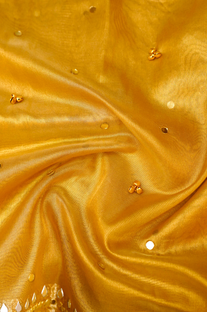 Golden Viral Ghungru Tissue Silk Saree with Mirror Work View 5