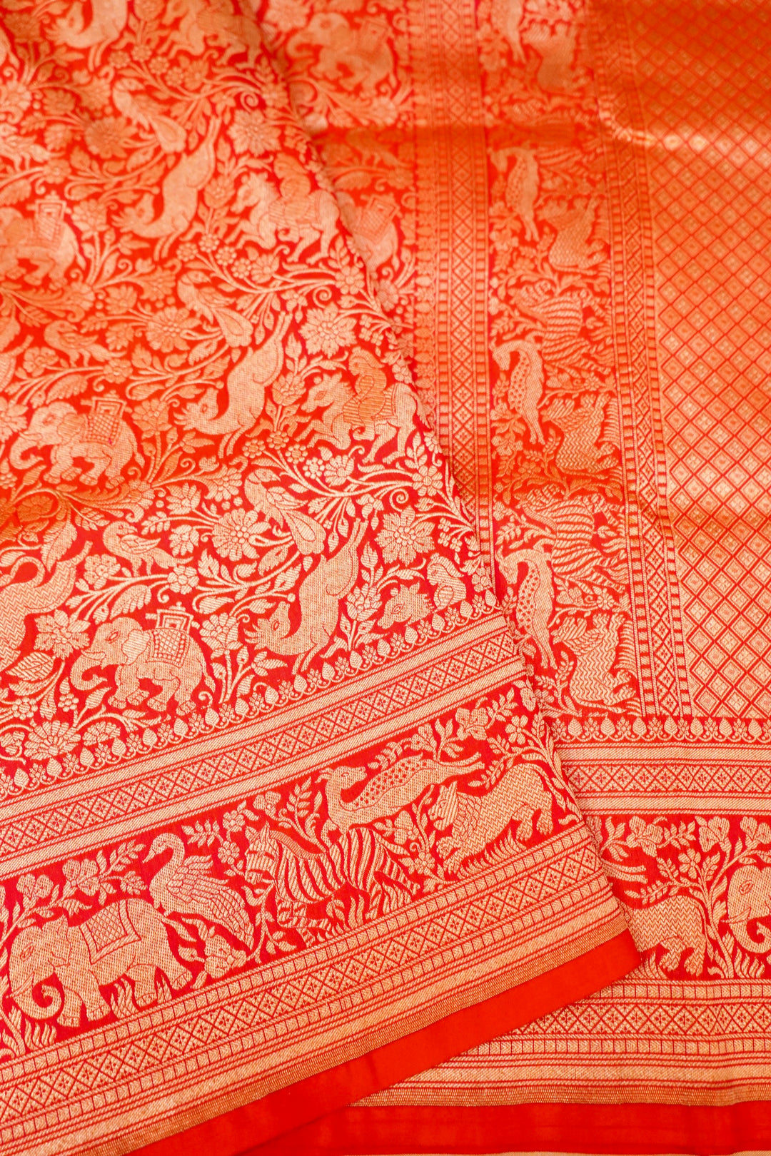 Handwoven Banarasi Red Bridal Shikargah Pure Katan Silk Saree