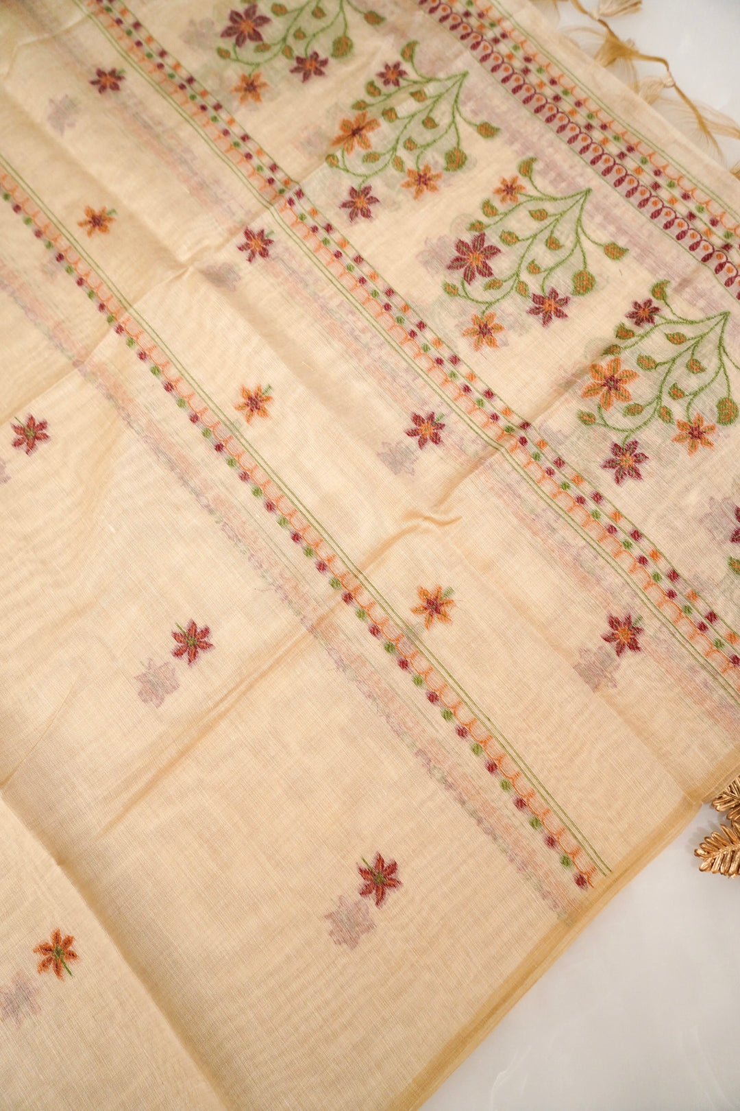 Graceful Beige Meenakari Floral Cotton Silk Suit Set