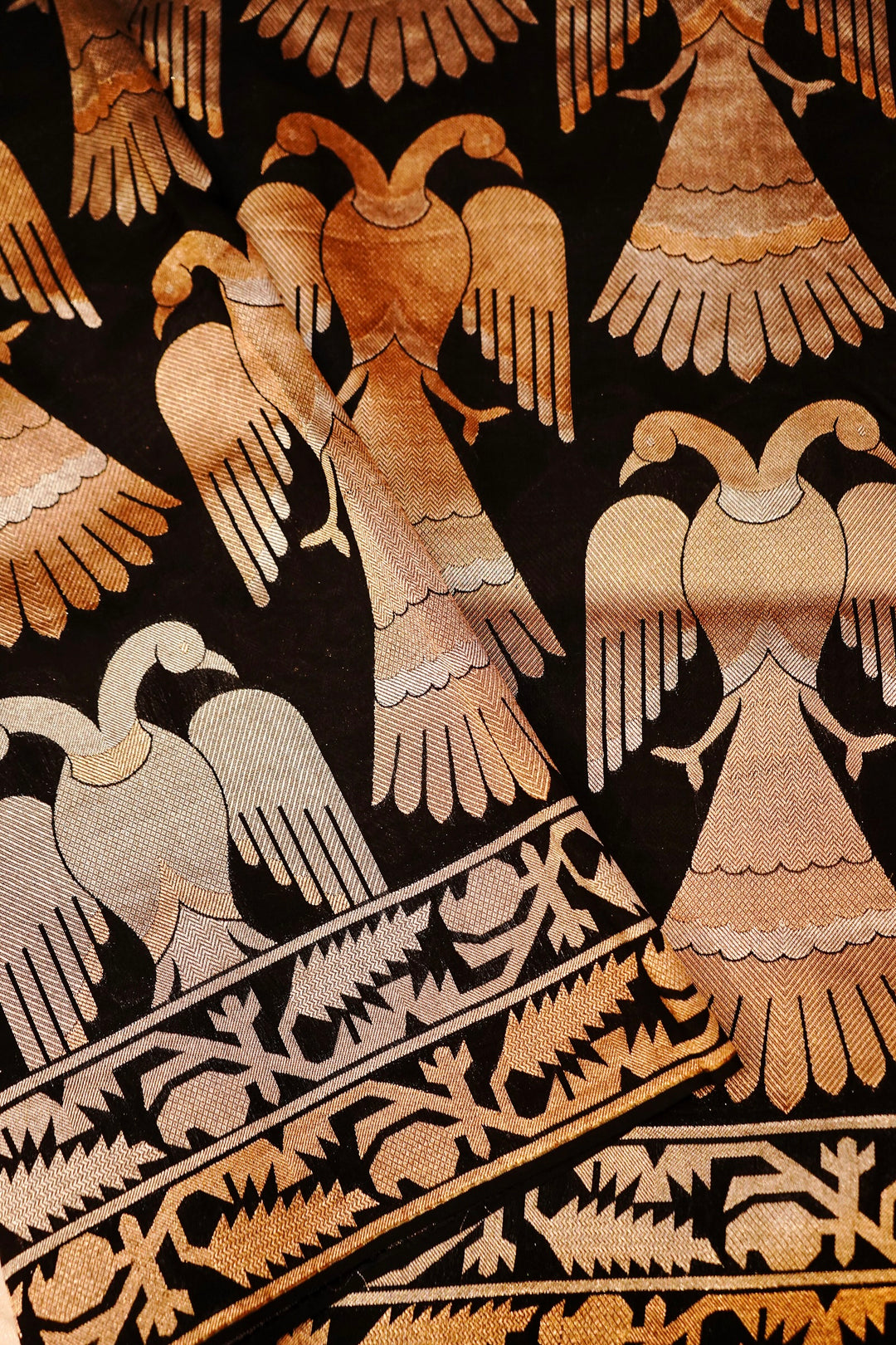 Opulent Black Nita Ambani Inspired Munga Crepe Birds Motif Cocktail Saree Collection