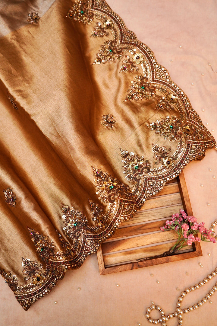 Silver Gold Tissue Saree with Zari and Kundan Embroidery