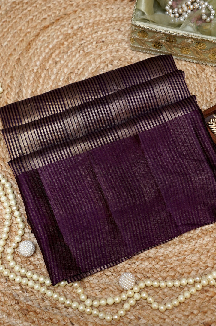 Regal Dark Purple Raw Silk Tissue Fusion Saree with Zari Stripe Weave &amp; Plain Border