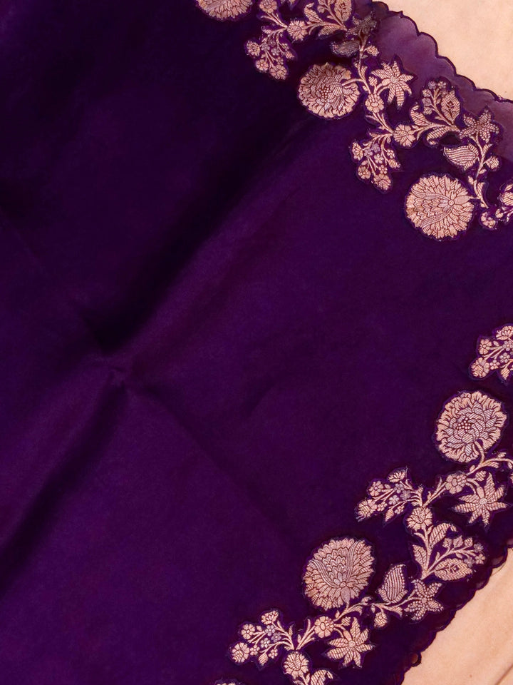 Handwoven Purple Pure Silk Saree with Brocade Hand Appliqué Work Brocade Blouse View 2