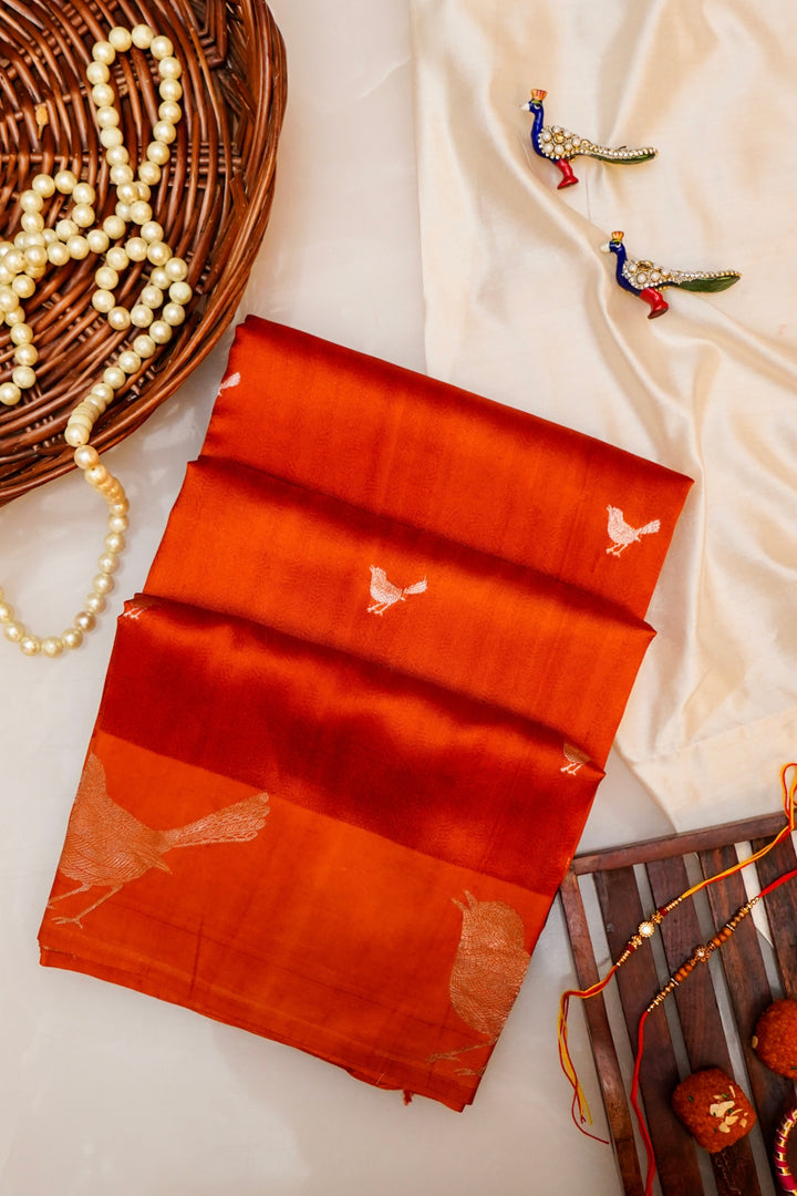 Rust Handwoven Bridal Banarasi Katan Silk Saree with Golden Zari Bird Motifs