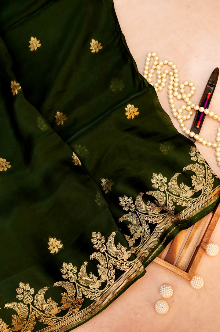 Dark Green Organza Saree with Luxurious Satin Silk Border