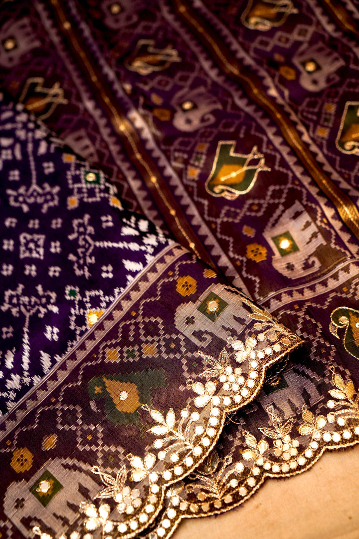 Royal Violet Patola Silk Aari Mirror Work Saree View 2
