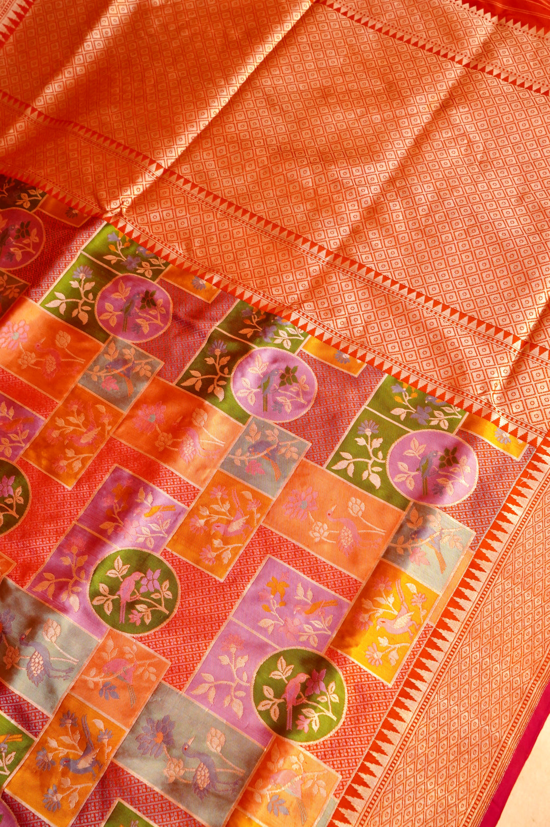 Handwoven Rangkat Banarasi Pure Katan Silk Birds Motif Saree