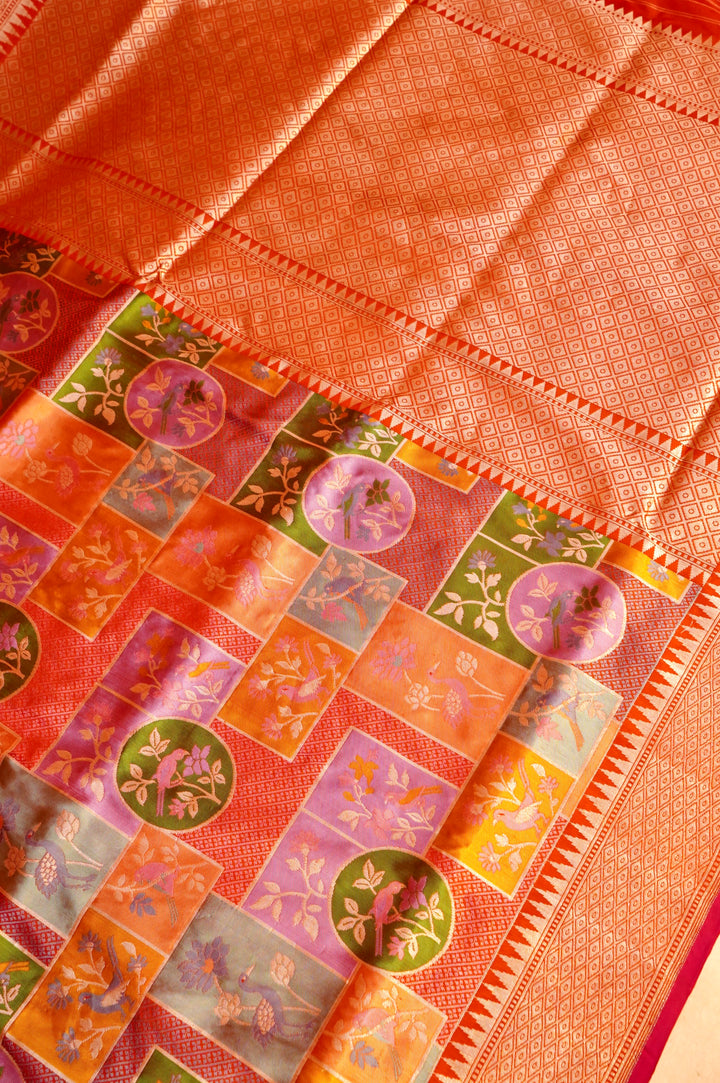 Handwoven Rangkat Banarasi Pure Katan Silk Birds Motif Saree