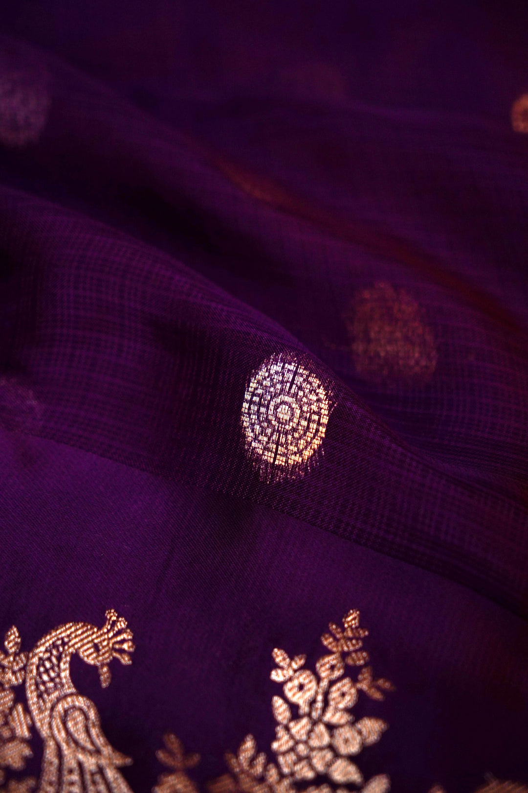 Purple Kota Check Saree with Birds Motif Silk Border