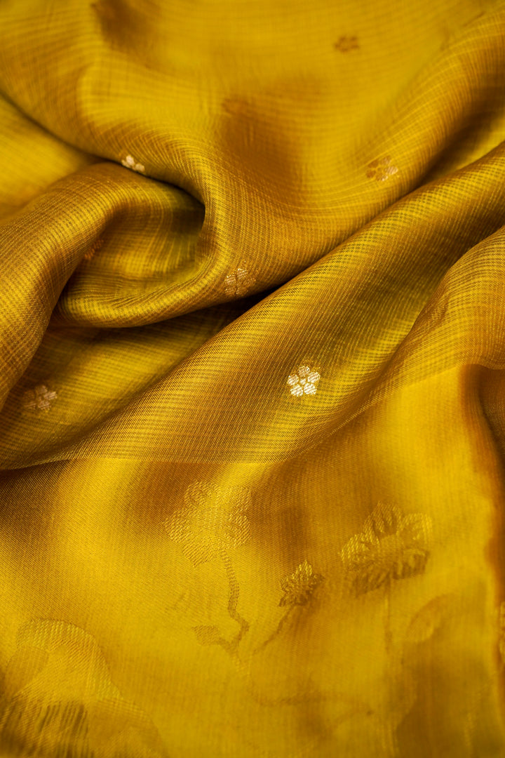 Mustard Banarasi Kota Saree for Haldi Wear with Silk Border &amp; Paithani Weaving
