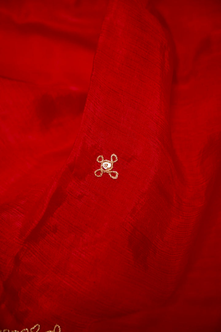 Elegant Red Organza Silk Saree with Hand Embroidered Border &amp; Designer Blouse