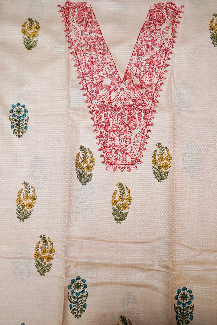 Pure Silk Tussar Fabric with Mural Art Thread Embroidery and Hand Block Prints