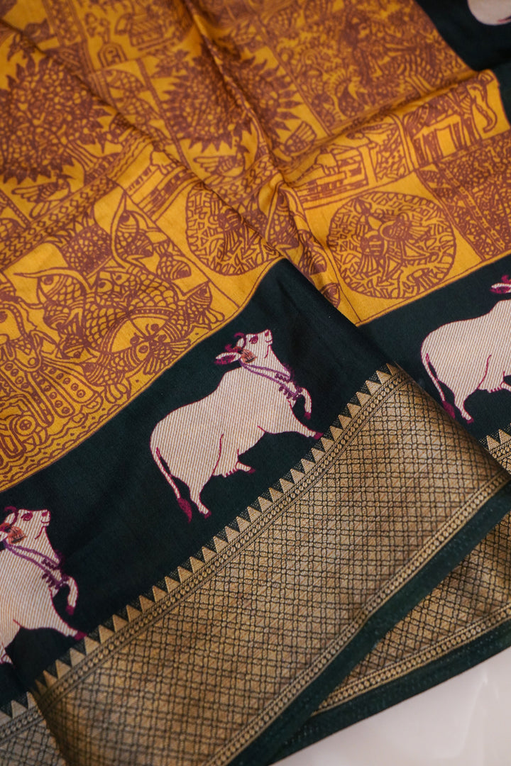 Mustard Crepe Silk Saree with Green Contrast Nandi Motif Pallu &amp; Border