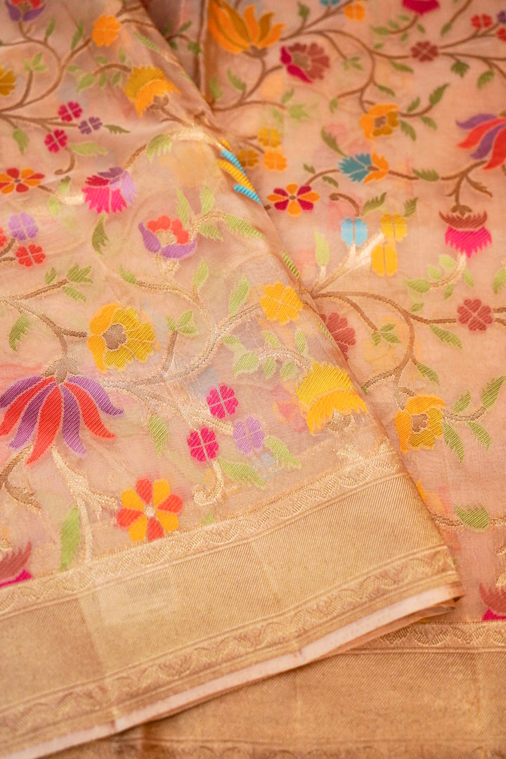 Timeless Grace Cream Kora Silk Saree with Tilfi Zari & Meenakari Jaal Weave