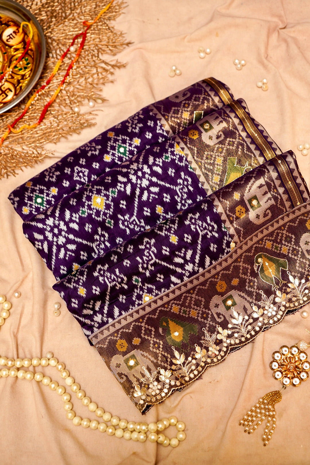 Royal Violet Patola Silk Aari Mirror Work Saree View 6