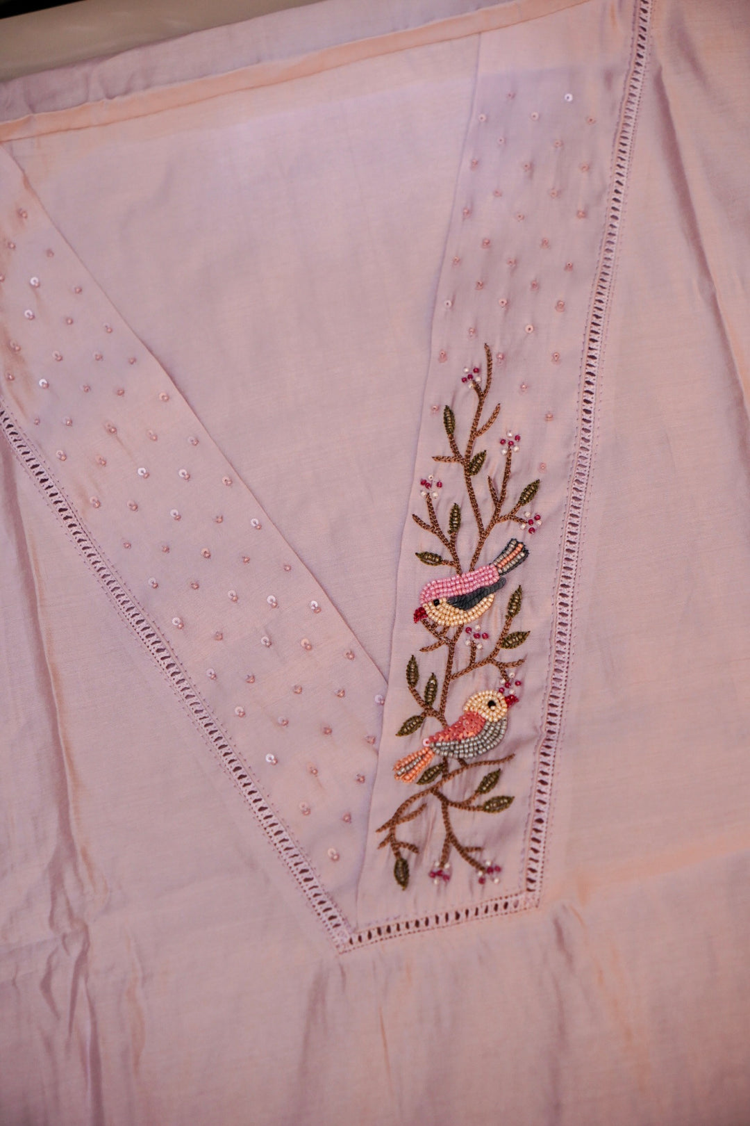 Lavender Chanderi Silk Suit Set with Thread Embroidery Work