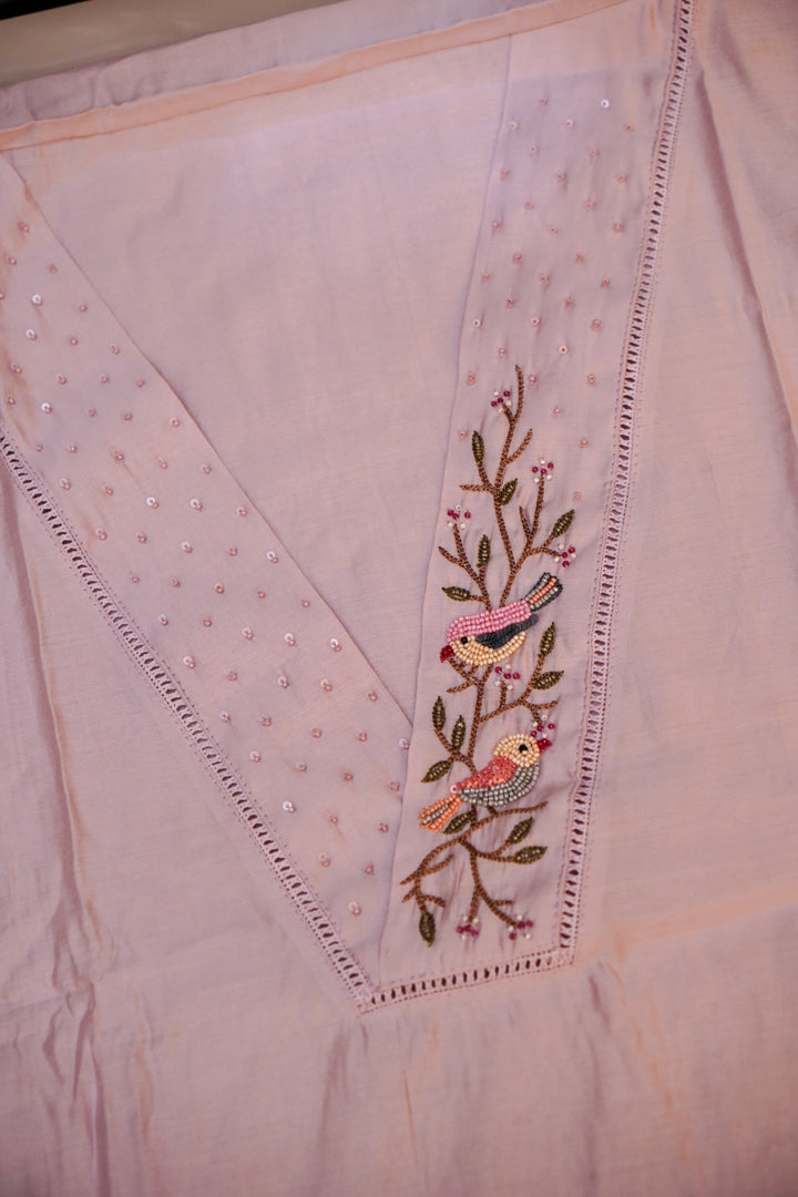 Lavender Chanderi Silk Suit Set with Thread Embroidery Work