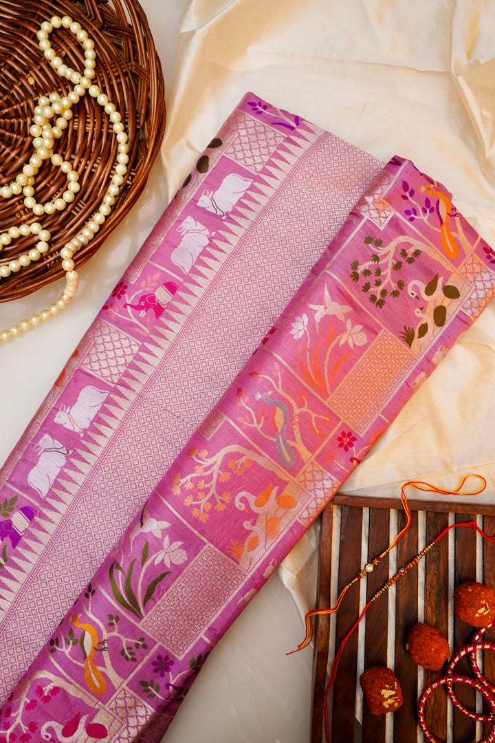 Pastel Pink Banarasi Pure Katan Silk Saree with Meenakari Jaal, Bird & Animal Motifs