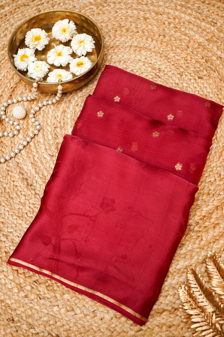 Maroon Banarasi Kota Bridal Saree with Silk Border &amp; Paithani Inspired Weaving