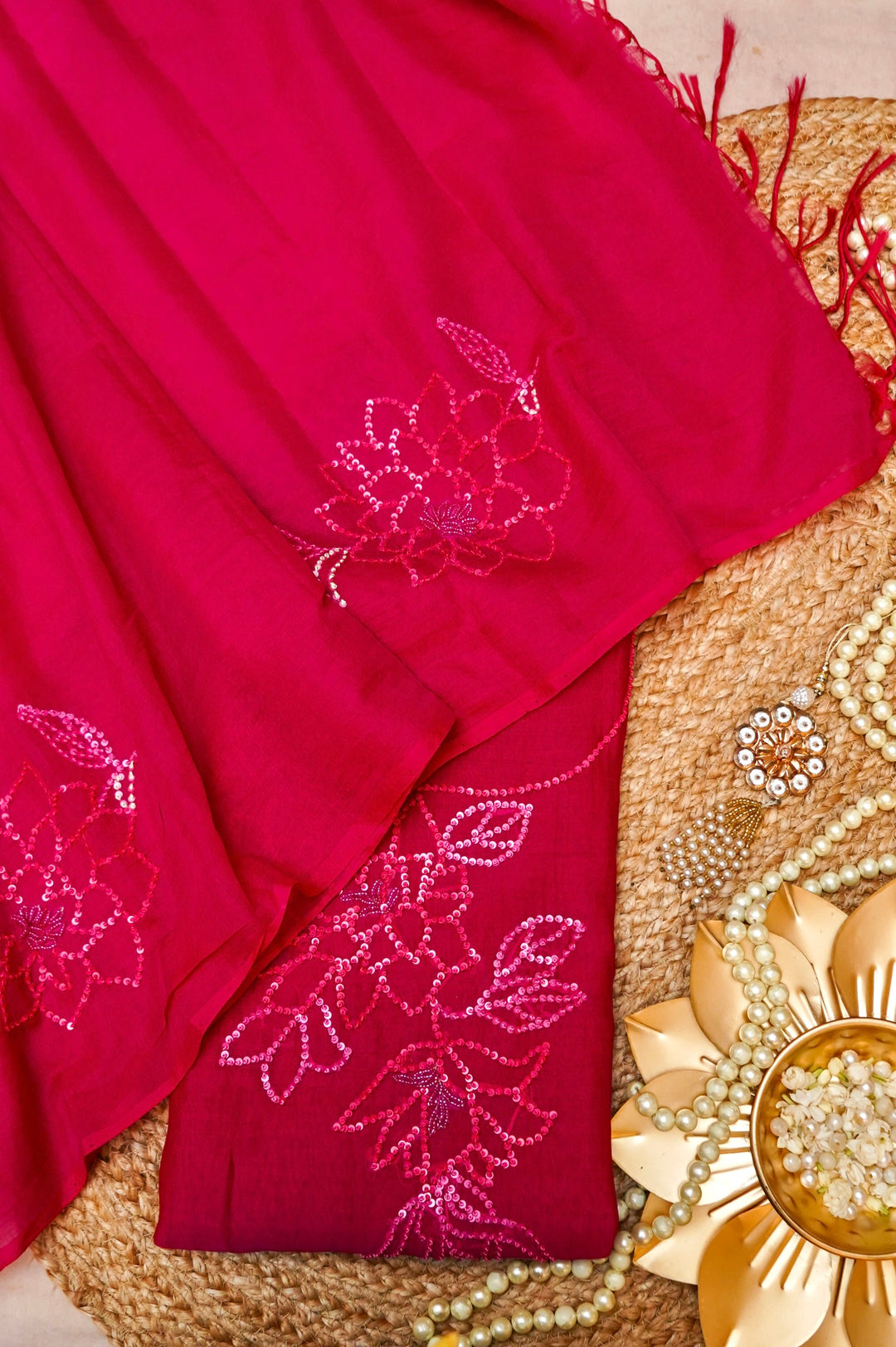 Hot Pink Pure Mul Chanderi Suit Set with Pearl and Sequin Embroidery Cover View 1