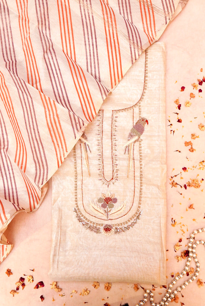 Beige Gold Pure Chanderi Tissue Silk Suit with Zardozi Embroidery