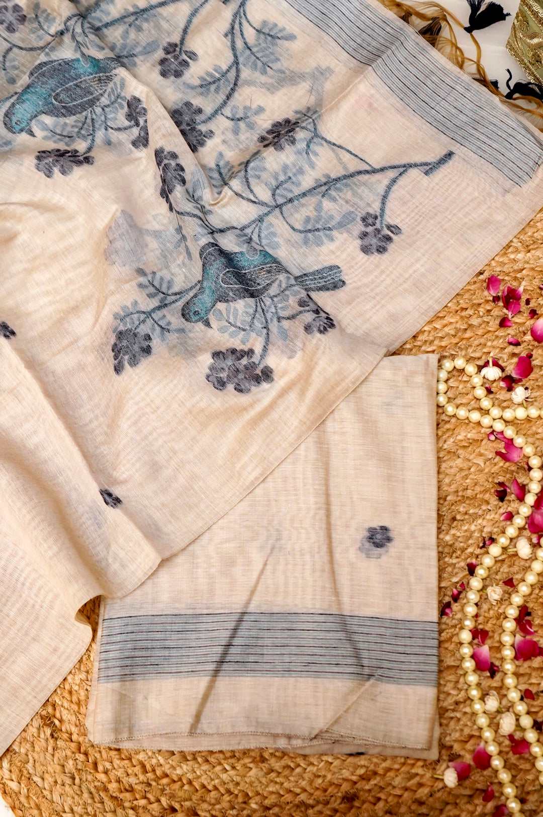 Off White Floral Woven Unstitched Suit Set with Bird Motif Dupatta  in Shades of Blue and Grey