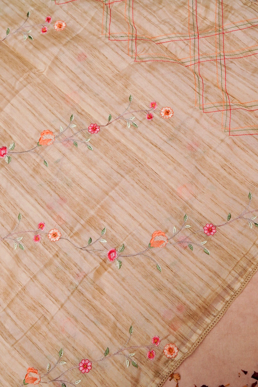 Beige Gold Chanderi Tussar Silk Suit with Thread Embroidery and Parsi Work