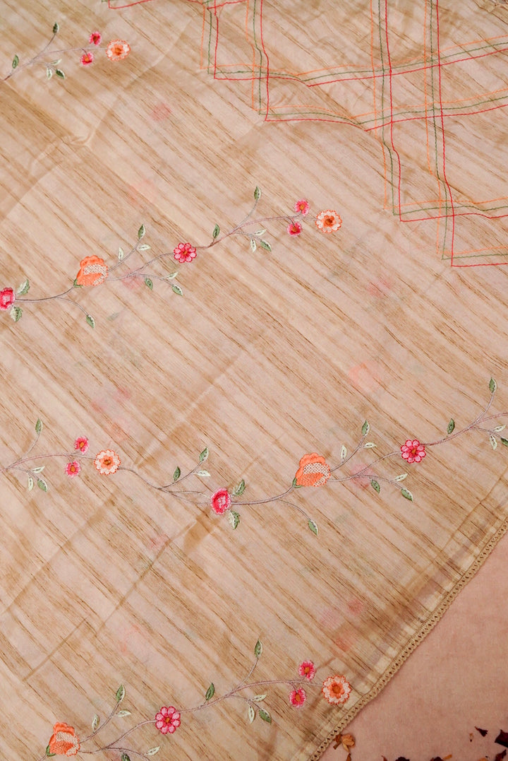 Beige Gold Chanderi Tussar Silk Suit with Thread Embroidery and Parsi Work