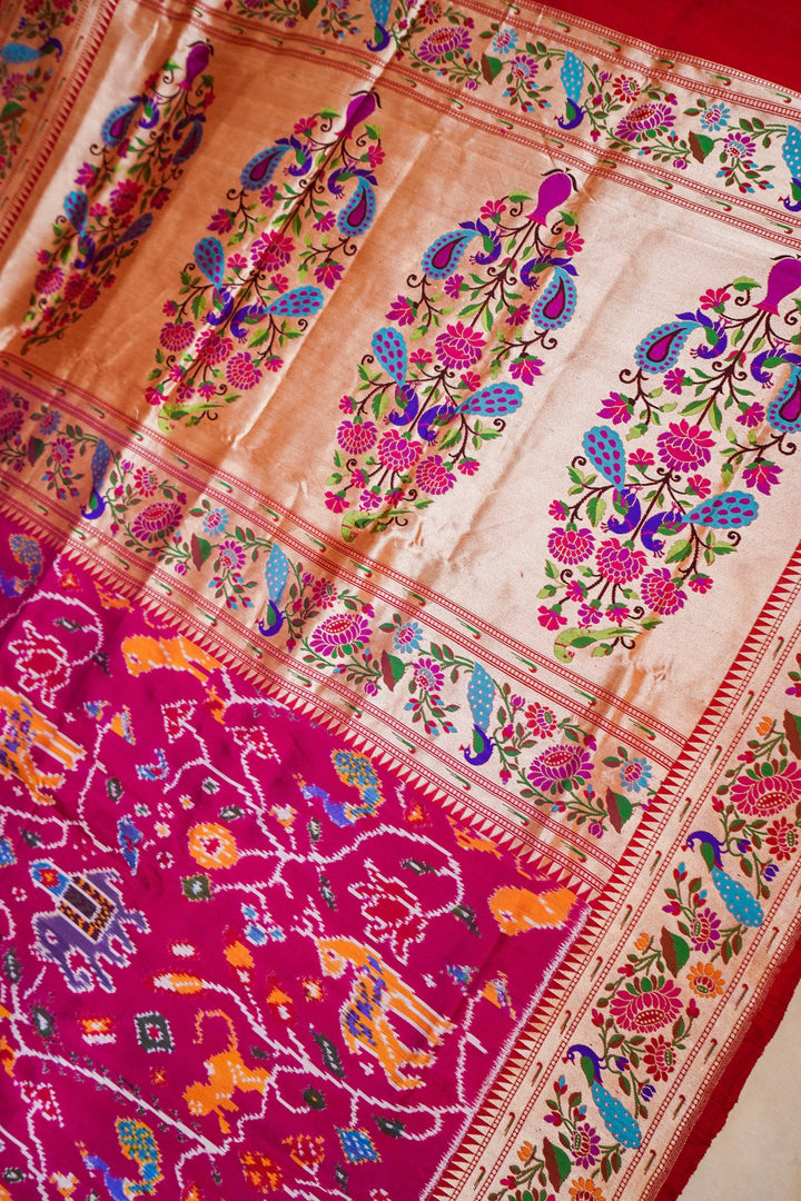 Handwoven Rani Pure Ikkat Weaving Katan Silk Paithani Saree View 2
