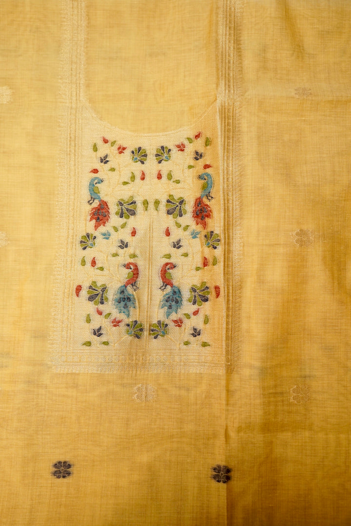 Yellow Handwoven Cotton Unstitched Suit Set with Peacock Woven Dupatta