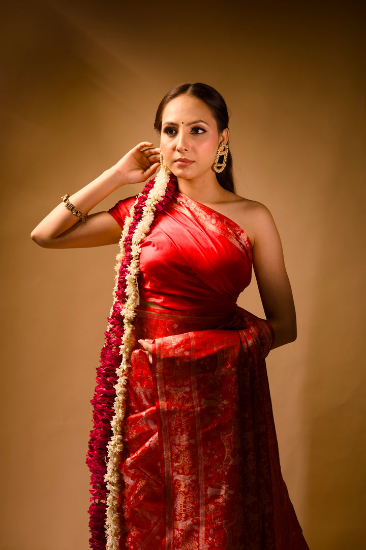 Aalia Bhatt Inspired Red Parsi Gara Banarasi Weaves Cheena Cheeni Heritage Bridal Saree View 1