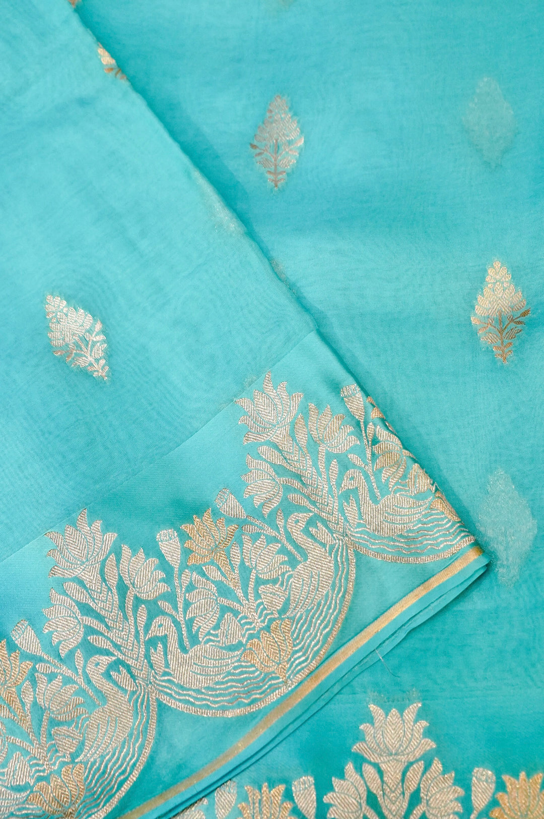 Elegant Aqua Blue Muslin Organza Saree with Birds Motif Meenakari Border