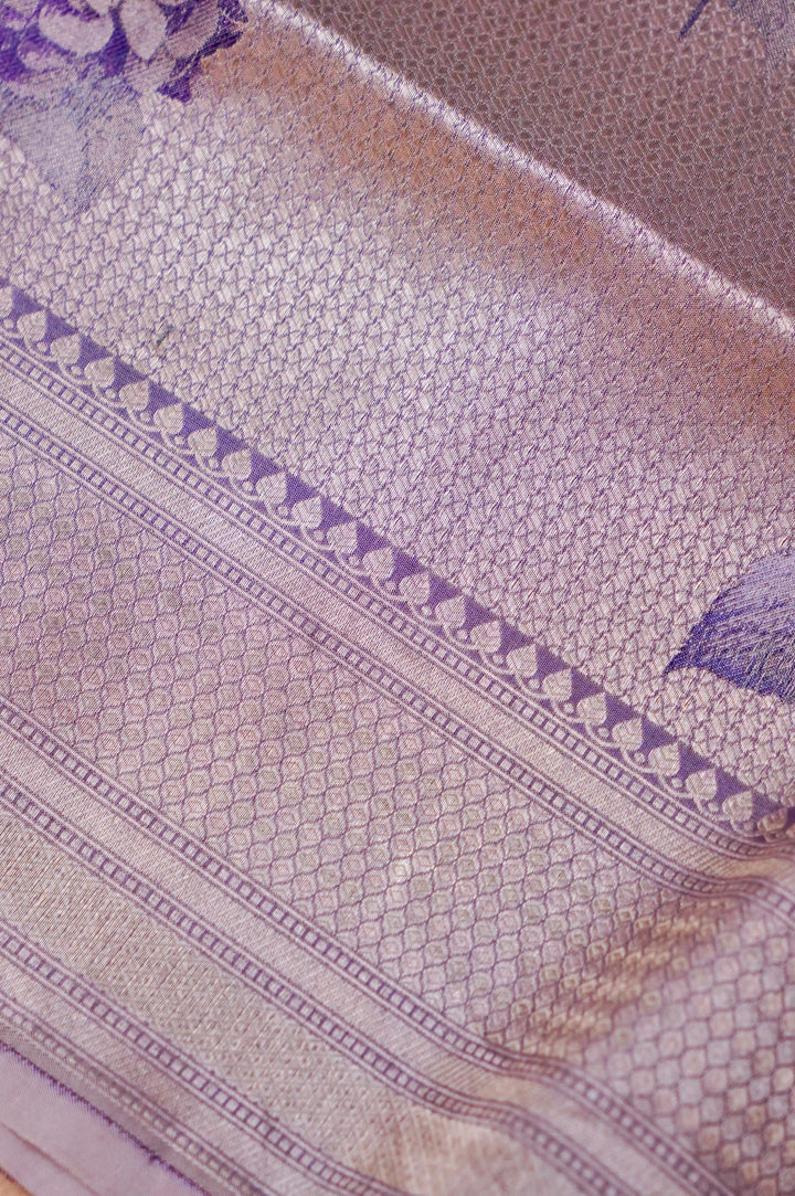 Violet Pure Katan Silk Banarasi Saree – Handcrafted Tanchoi Weave with Beautiful Figure Patterns